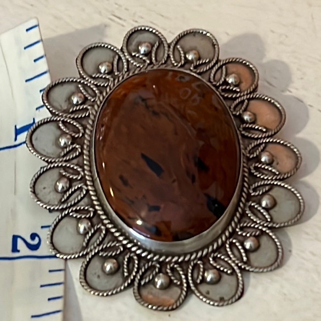 Vintage Old Pawn Silver Mahogany Obsidian Brooch Pendant Large Filigree